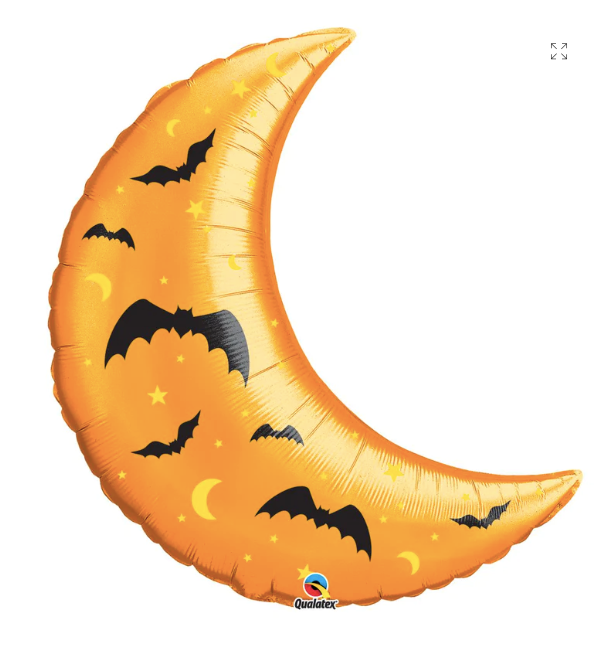 35" Orange Crescent Moon With Bats Mylar Balloon
